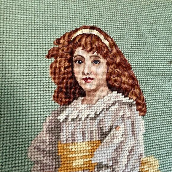 Vintage Needlepoint Portrait of Colonial Woman in Dress in Gold Frame - Picture 2 of 11